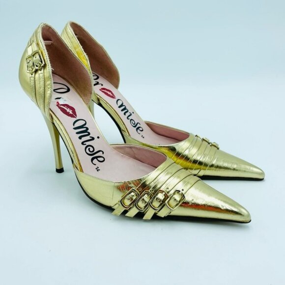 Chrome Gold Metallic Shiny Buckle Pointed Toe Stilettos - Picture 1 of 8
